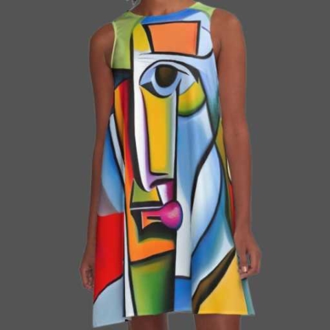 A chic A-line dress featuring an abstract, cubist design. The design is inspired by the unique personality traits of a sociopathic boss, with its edgy and bold composition. This dress is perfect for a night out on the town, showcasing your confidence and independence.