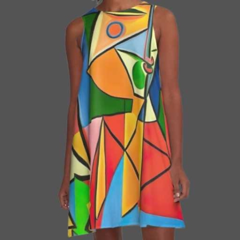 This cubist A-Line dress design is inspired by the authoritarian nature of the workplace, with bold, uncompromising lines. The dress is versatile and can be worn in a variety of settings, from the office to a night out.